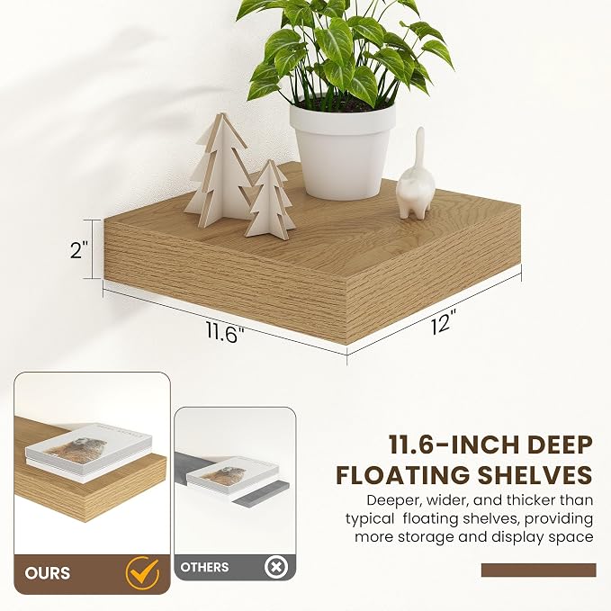 FLYJOE 12 Inch Floating Shelves, Oak Square Floating Shelves Set of 2, 12''W x 12''D Wood Shelves for Wall, Deep Shelves for Bathroom Living Room, Engineered Wood, Mounting Hardware Included