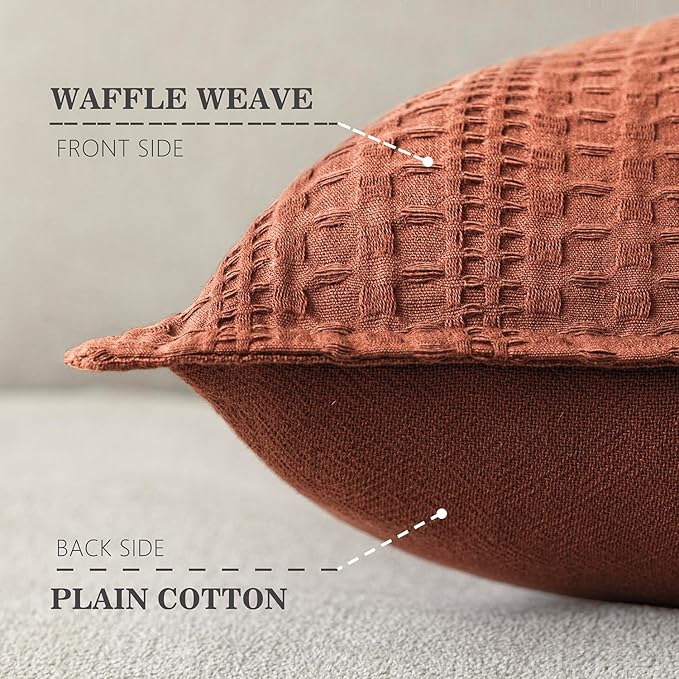 Foindtower Set of 2 Decorative Cotton Waffle Weave Lumbar Throw Pillow Covers Euro Shams Cushion Covers Accent Pillowcase for Bed Couch Sofa Bedroom Living Room Home Decor 12×20 Inch Fall Rust Orange