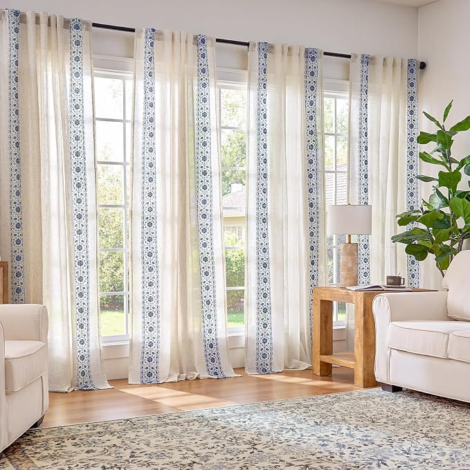 jinchan Weslie Boho Curtains for Bedroom Blue Vintage Floral Farmhouse Curtains 90 Inches Long Linen Drapes for Living Room Embroidered Light Filtering Drapes Rod Pocket Blue on Beige 2 Panels