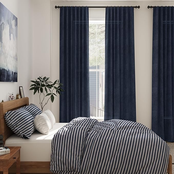Navy Blue Boho Curtains for Bedroom Back Tab Rod Pocket Semi Sheer Linen Curtains 90 Inches Long 2 Panel Set Light Filtering Neutral Indigo Blue Farmhouse Drapes for Living Room 40x90 Inches