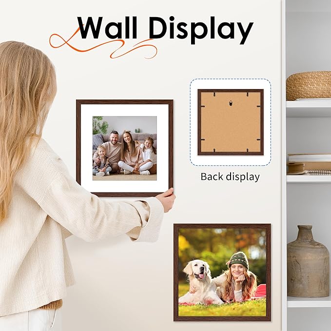FIXSMITH 12x12 Picture Frame Brown Set of 2, Photo Frame with HD Plexiglass, Display Pictures 8x8 with Mat or 12x12 Without Mat, Brown Picture Frames Collage Wall Decor, Gallary Wall Frame