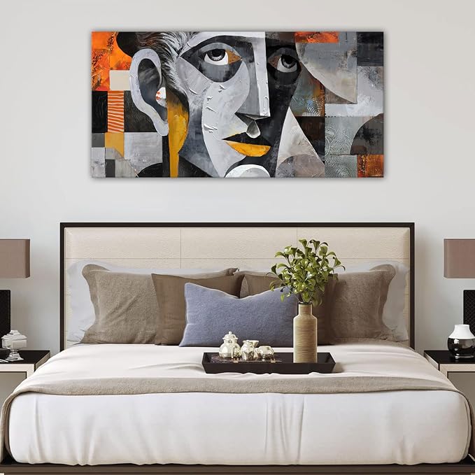 YDYSUNE Abstract Wall Art - geometric male portrait picture cubism Modern painting,face art canvas wall decor,grey artwork for living room,office Ready to Hang 20×40INCHS