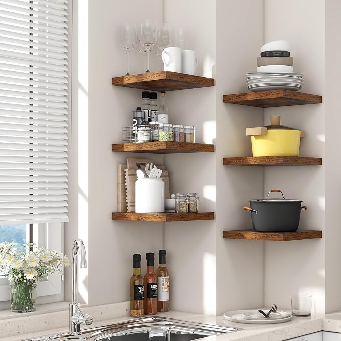 8"x8" Square Floating Shelves for Wall, Rustic Brown Finish, 3-Pack | Engineered Wood Wall Shelves with Invisible Brackets for Living Room, Bedroom, Bathroom, Office & Kitchen Storage