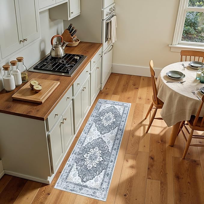 RELEANY Area Rugs 2'x5' Runner Rug Non Slip Washable for Kitchen Hallway Bedroom Beside Laundry Room Bathroom Rug, Floor Carpet, Light Gray Grey White