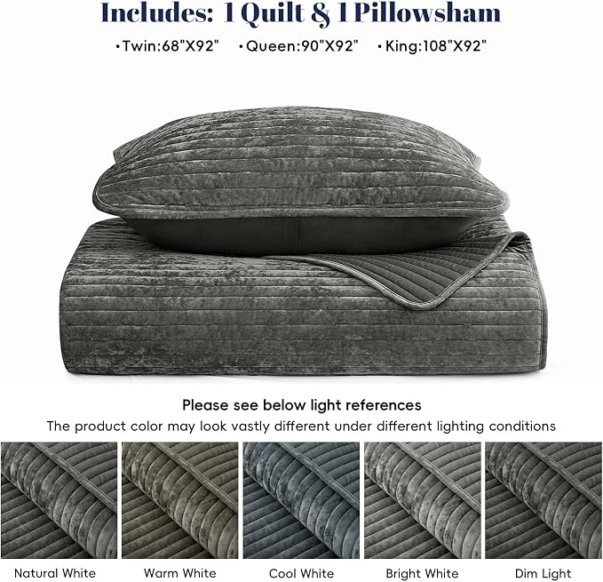 PHF Luxury Velvet Quilt Set Twin Size – 2PCS Ultra Soft Quilted Comforter Alternative with Striped Channel, Cozy Quilted Bedspread, 1 Coverlet with 1 Matching Sham, 68" x 92", Grey
