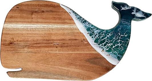 Whale Serving Board - Acacia Wood with Ocean-Inspired Epoxy (15" x 7.9"), Cute Charcuterie Cheese Tray, Unique Kitchen Décor, Cutting Board Gift for Women, Home or Party Use