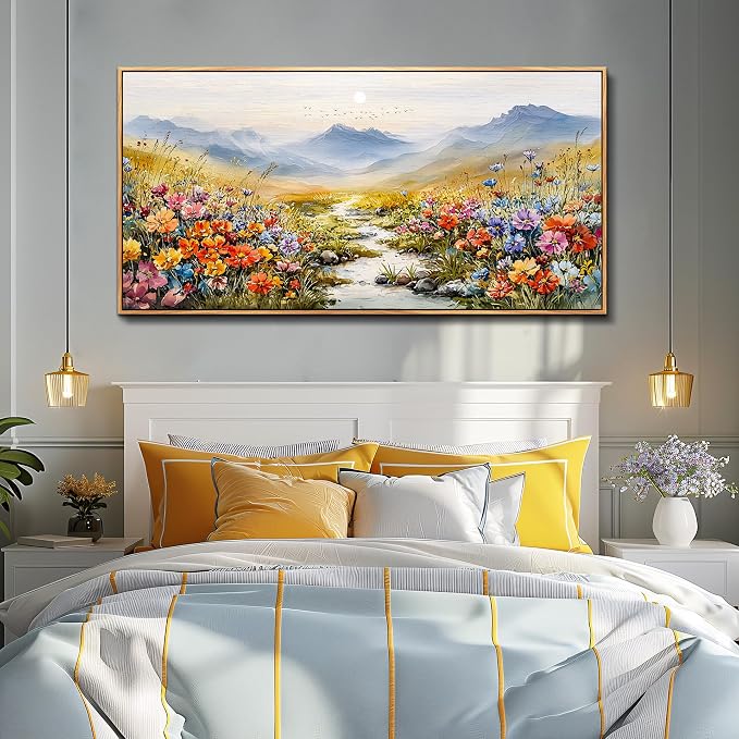 XIGUANGART Floral Framed Canvas Wall Art, 24"X48" Watercolor Flower Colorful Oil Painting, Modern Wildflower Wall Decor, Large Flowers River Sunrise Landscape Artwork for Living Room, Bedroom, Office
