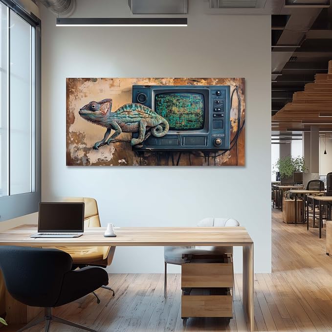 Ggaafet Retro Chameleon Wall Art for Living Room Canvas Painting Prints Rustic TV Television Art Deco Fantasy Artwork Office Bedroom Farmhouse Dining Room Decor Extra Large