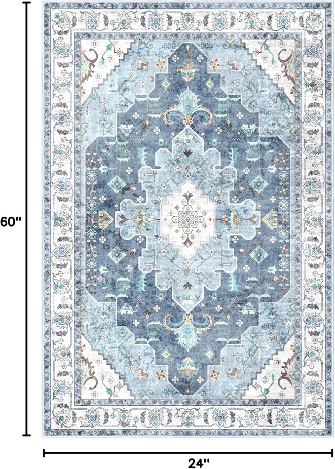 SERISSA Boho Washable Runner Rug, 2x5 Rug Non-Slip Vintage Blue Hallway Kitchen Runner Rug Ultra Soft Print Distressed Floor Carpet for Bedroom Bathroom Laundry Living Room