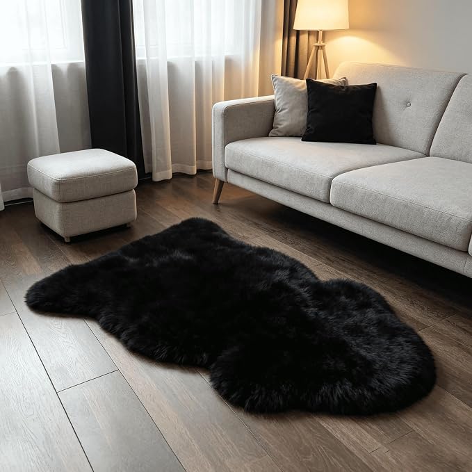 AOGELAN Black Fluffy Fluffy Shaggy Fur Area Rug, Fuzzy Genuine Sheepskin Rug, Soft Fur Pup Carpet, Chair Sofa Seat Cover(Black, Single Pelt/2FT*3FT)