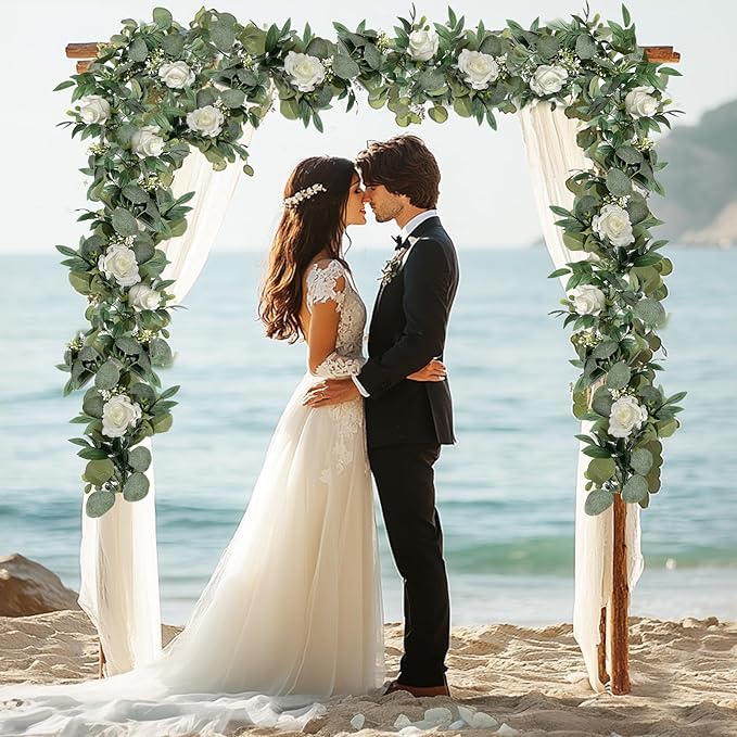 2 Pack 13Ft Artificial Spring Eucalyptus Flower Garland with White Roses, Fake Flower Greenery Floral Green Garland Vines for Wedding Arch Table Runner Backdrop Mantle Home Decorations (White)