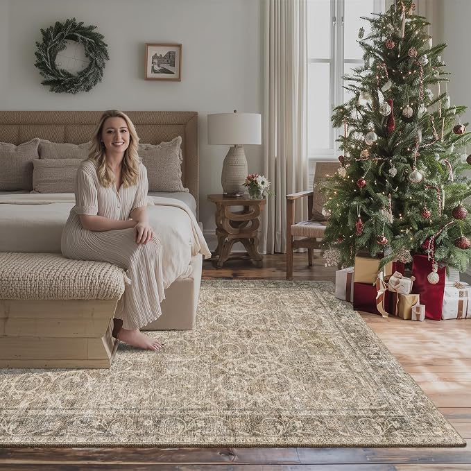 Washable Rugs for Living Room: 6x9 Area Rugs for Bedroom Ultra Soft Non-Slip Stain Resistant Vintage Boho Large Carpet for High-Traffic Dining Room - Farmhouse Decor