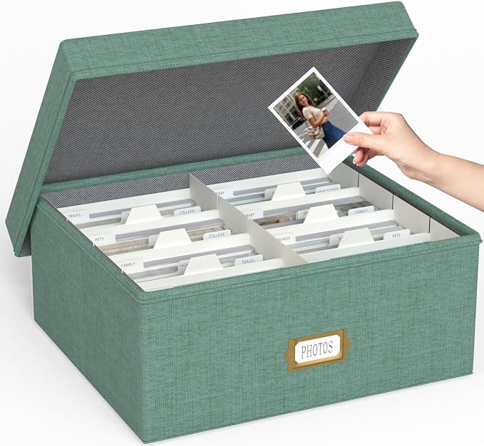 Decorative Photo Storage Box - Linen Photo Box Organizer with Dividers, Fits Holds Up to 1700 Pictures and 4x6 Photos, Memory Keepsake Organizer for Photos, Scrapbook Supplies, Cards, Stamps (Green)