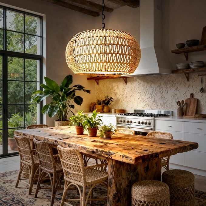 5-Lights Boho Rattan Chandelier for Dining Room, 19" Farmhouse Chandelier Light Fixtures with Fabric Shade, Large Hand Woven Pendant Lighting for Kitchen Island, Living Room
