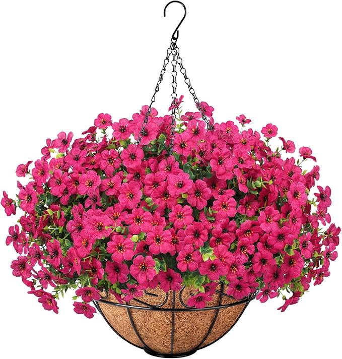 Ouddy Decor Artificial Hanging Flowers with Basket, Fake Hanging Plants with Faux Silk Flowers UV Resistant for Outdoors Indoors Spring Summer Porch Patio Balcony Yard Home Decorations, Fuchsia