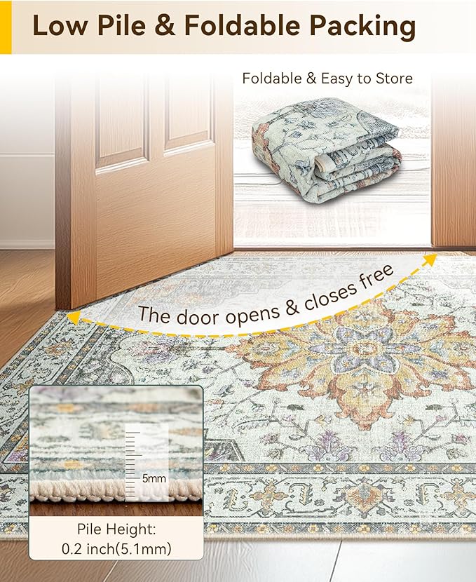 RELEANY Area Rugs 2'6''x14' Runner Rug Non Slip Washable for Kitchen Hallway Bedroom Beside Laundry Room Bathroom Rug, Floor Carpet, Light Yellow Carbon Grey Orange