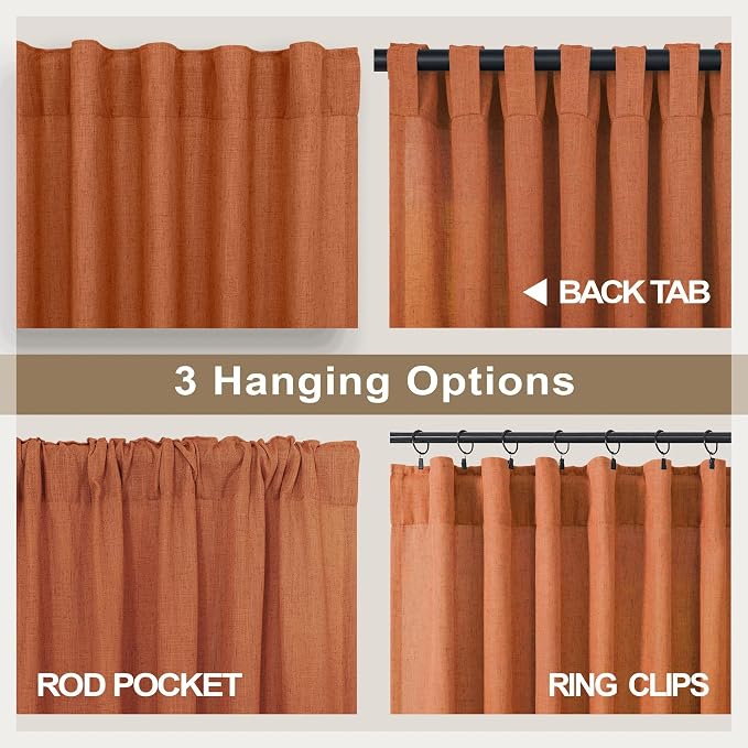 Pitalk Burnt Orange Linen Curtains 102 Inches Long for Living Room 2 Panels Set Back Tab Pocket Fall Drapes Semi Sheer Light Filtering Rust Terracotta Curtain 102 Length for Patio Sliding Door Bedroom