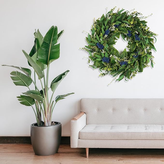 HomeKaren Wreaths for Front Door 26", Door Spring Wreath with Eucalyptus Olive Boxwood Leaves, Greenery Wreath Door Decoration for Spring Summer All Season Home and Outdoor