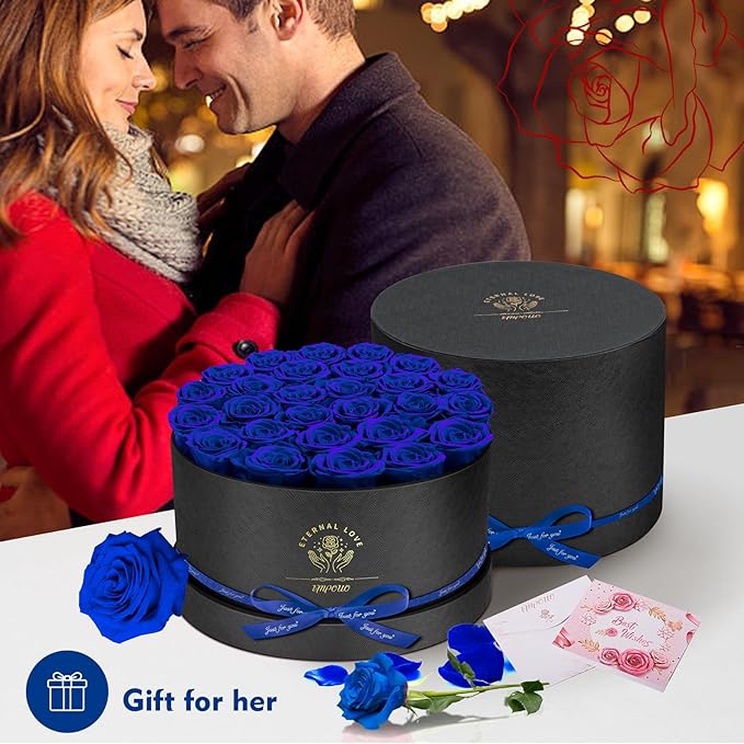 Impouo Forever Flowers, 27 Roses in A Box, Real Preserved Roses, Birthday Gift for Women, Mother's Day, Anniversary Blue Rose