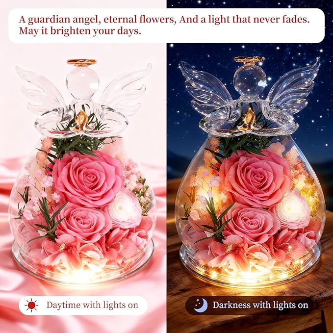 Gifts for Women Preserved Rose Forever Flower Eternal Roses in Glass Angel Figurines Fresh Flowers for Delivery Prime Mothers Day Birthday Gift for Mom Grandma Wife on Valentines Day Anniversary