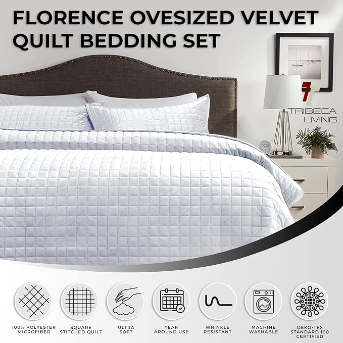 Tribeca Living Luxury Velvet Quilt King Size Set - 260GSM Ultra-Soft Oversized Velvet Bedspread Comforter Set with 2 Shams, in Florence White