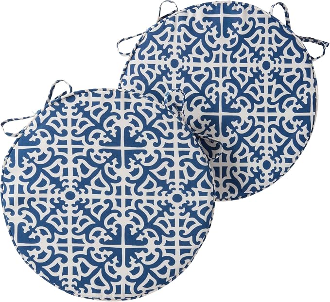 Set of 2 Outdoor 18 inch Round Patio Dining Chair Pads – Comfortable Fiber-Filled Seat Cushions with Ties, Reversible Polyester Fabric, Indigo Blue Lattice