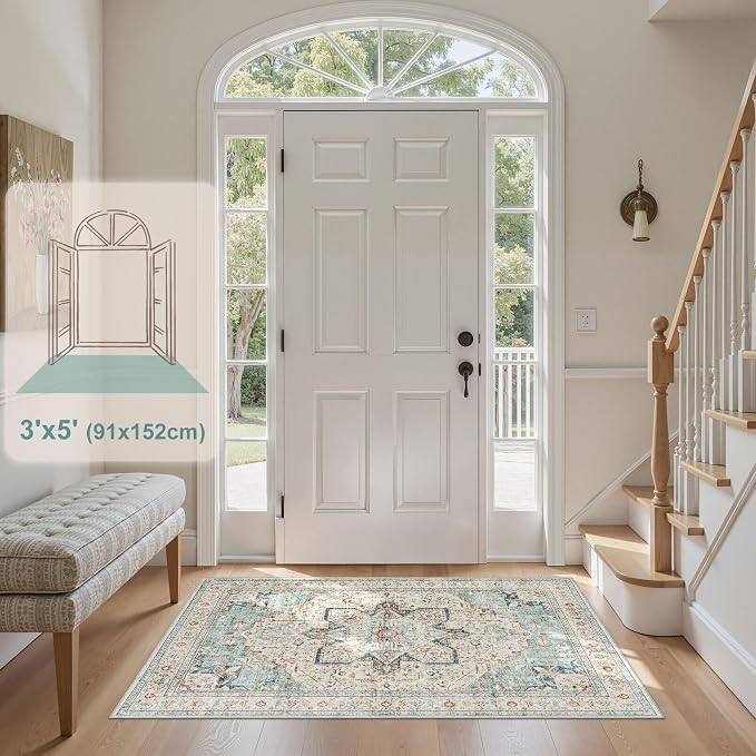 Tortania Area Rug Living Room Rugs - 3x5 Washable Rug Vintage Oriental Distressed Farmhouse Small Thin Indoor Carpet for Living Room Bedroom Under Dining Table Home Office - Aqua Multi