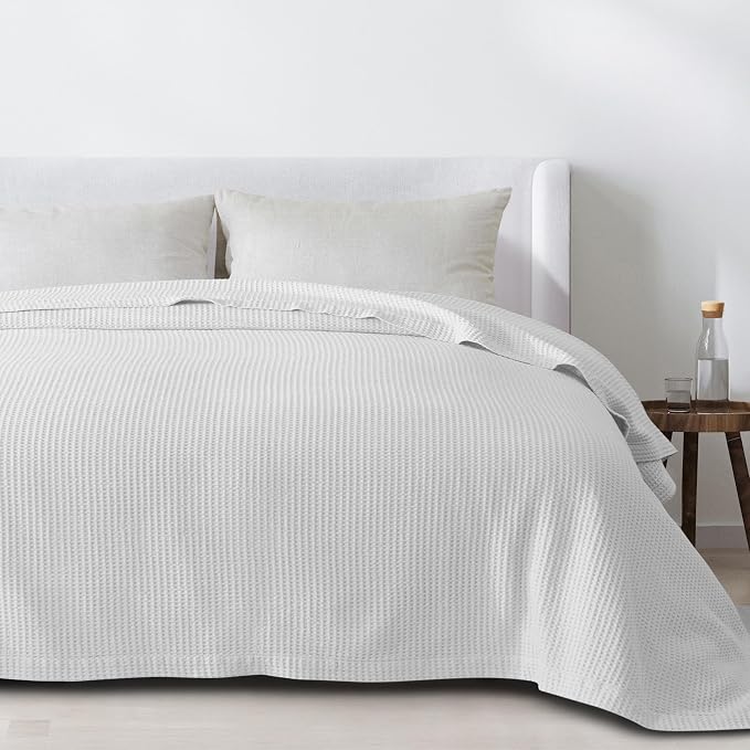 100% Cotton White Blanket King Size for Bed - Breathable and Soft, Waffle Weave for Summer Spring, 102x90 Inches