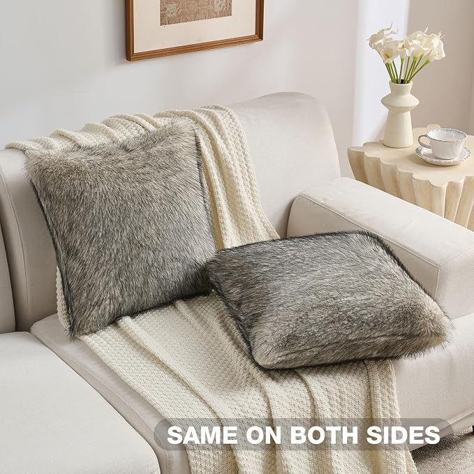 FUTEI Pack of 2 Faux Raccoon Fur Plush Throw Pillow Covers 18x18 Inch Soft Fluffy Farmhouse Decorative Cushion Case Modern Luxury Accent for Couch Bed Living Room, Apricot
