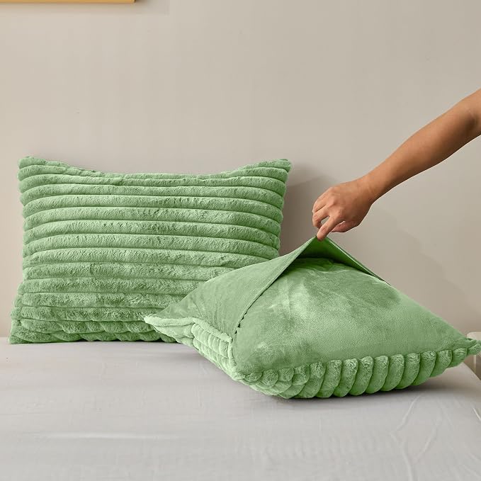 Simple&Opulence Fluffy Faux Fur Comforter Set, Plush Fuzzy Minky Bedding Set, 3 Pieces Warm Soft Comforter Bedding Set for Winter - 1 Shaggy Comforter with 2 Pillow Shams(King, Striped - Green)