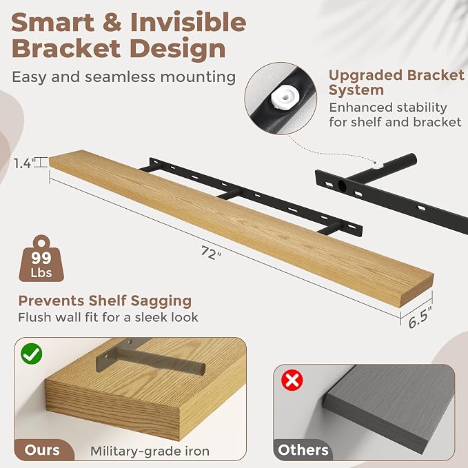 Venusmiles Floating Shelves for Wall, 72 Inch Floating Shelves Set of 2, 6.5" D Wooden Wall Mounted Display Shelves with Invisible Brackets for Living Room, Bedroom, Bathroom, Kitchen Decor, Oak