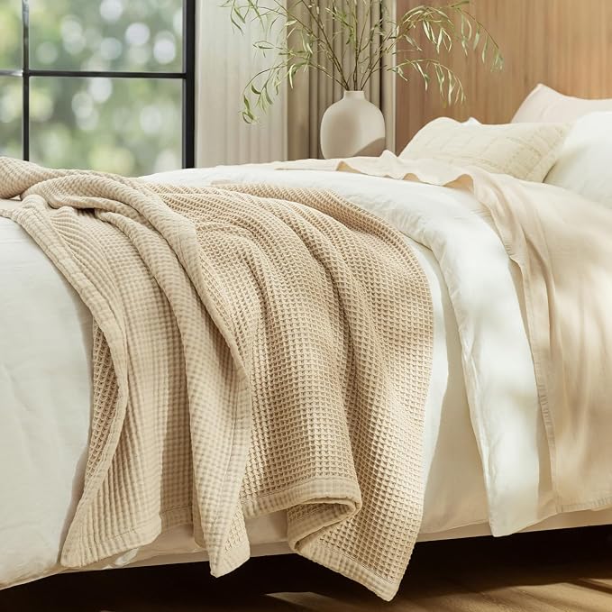 PHF 100% Cotton Waffle & Muslin Blanket King Size, Soft Breathable Luxury 400GSM Versatile Reversible Bedding for Bed, Great for Layering in Cold Weather, Home Decor Gift, 104" x 90", French Oak
