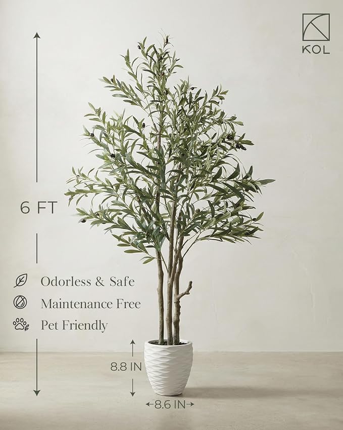 KOL 6ft Artificial Olive Tree Indoor, Tall Faux Olive Trees, Lifelike Fake Olive Tree Floor Plant for Home Office Living Room Decor with Matte Beige Pot