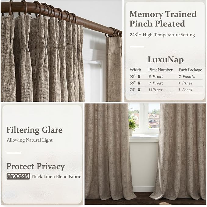 120 Inch Extra Long Memory Trained Pinch Pleat Curtains for Dining Room, Dark Flax Semi Sheer Linen Textured Drapes Light Filtering 10FT Length Brown Colored 50 Inches Wide Window Curtain 2 Panels Set