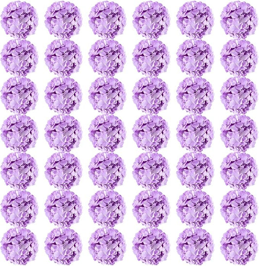 Auihiay 64pcs Hydrangea Artificial Flowers, Purple Artificial Hydrangea Flowers, Silk Hydrangea Heads with Stems for Garden, Home Party Baby Shower DIY Wedding Centerpiece (Purple)
