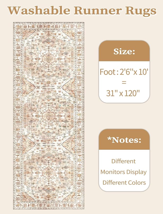 SERISSA Boho Washable Runner Rug, 2'6"x10' Long Non-Slip Vintage Peach Cream Hallway Kitchen Stair Runner Rug Ultra Soft Print Distressed Floor Carpet for Bedroom Bathroom Laundry Room