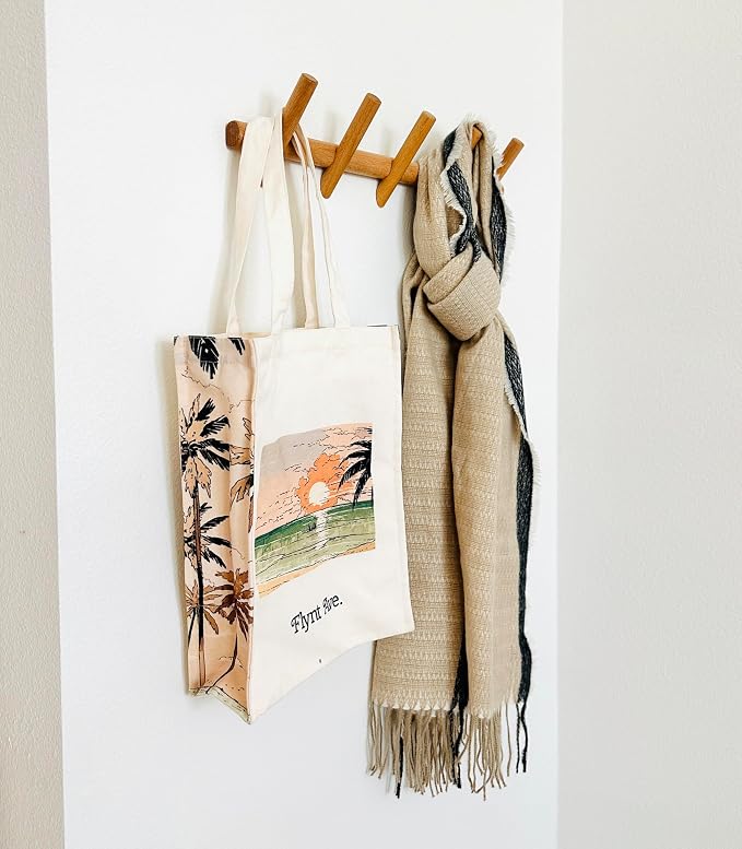 Modern 5-Hook Wooden Coat Rack, Decorative Coat Rack wall Mount for Bags, Hats, Purse, Heavy Duty, Sturdy, Natural Oak, wall Mounted Hooks