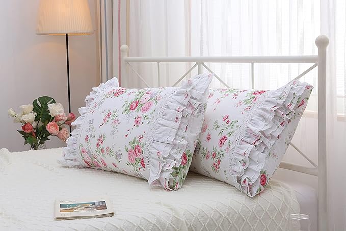 2-Pack Rose Floral Print Pillow Shams with Lace Ruffles Shabby Chic Queen Size Pillowcases 20 x 30 Country Vintage Style