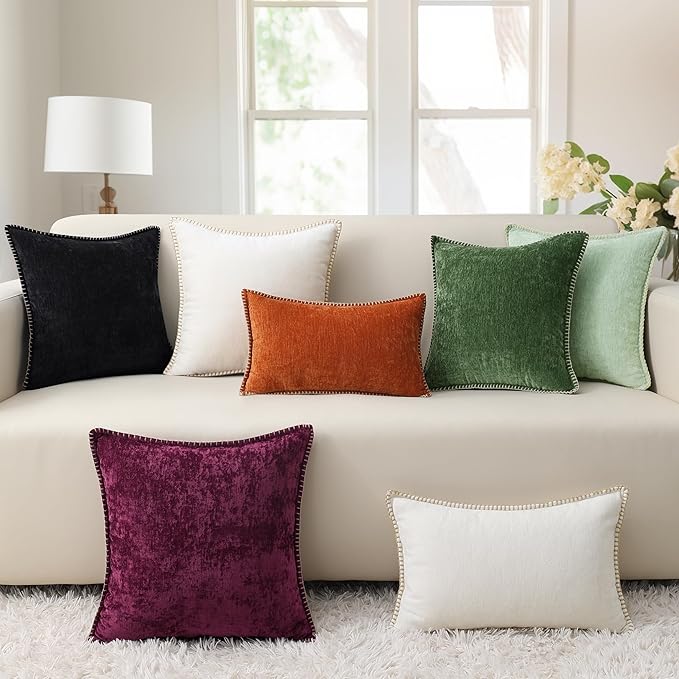 decorUhome Chenille Soft Cozy Throw Pillow Covers 12x20 Set of 2, Modern Farmhouse Boho Velvet Decorative Pillow Cases with Stitched Edge for Couch Sofa Bed Home Decor, Black