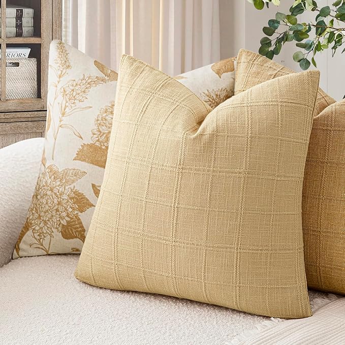 Foindtower Set of 2 Decorative Linen Check Throw Pillow Covers Neutral Farmhouse Vintage Cushion Covers Modern Boho Accent Home Decor for Sofa Chair Couch Bedroom Living Room,18×18 Inch,Light Yellow