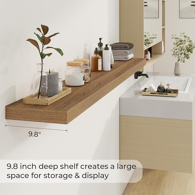 Dreamland 72Inch Walnut Floating Shelves 9.8" Deep Wall Mounted Set of 2 | Wall shelves for bathroom, bedroom, Living Room, kitchen, deep wall mount wood storage display for home decor 72" x 9.8"