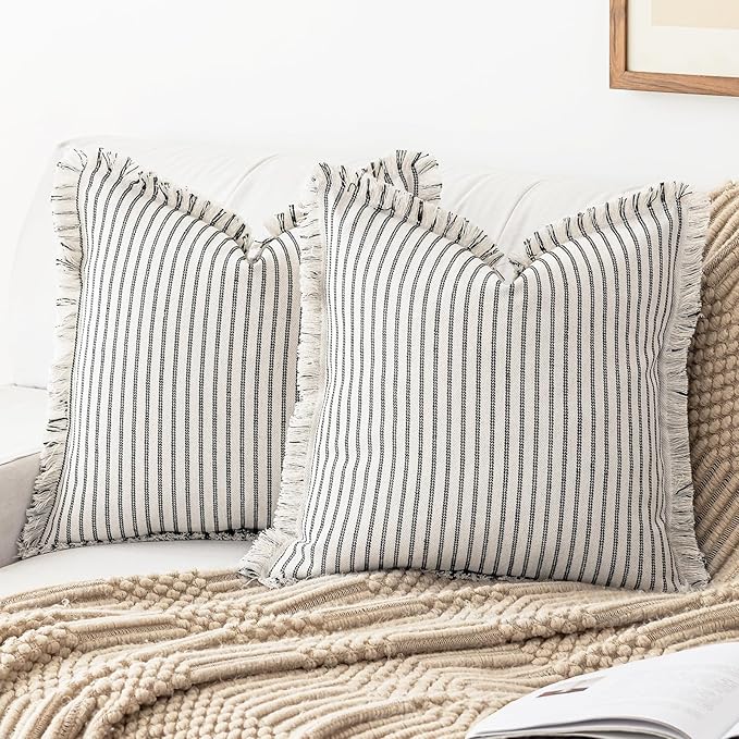 YEENAASY Throw Pillow Covers 18x18 Set of 2 Striped Fringe Pillow Cover Farmhouse Cushion Covers with Tassel Neutral Boho Pillows Decorative Square Pillowcase for Couch Sofa Bed, Black