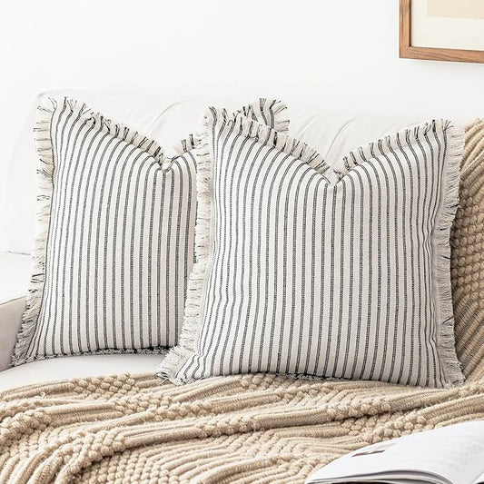 YEENAASY Throw Pillow Covers 18x18 Set of 2 Striped Fringe Pillow Cover Farmhouse Cushion Covers with Tassel Neutral Boho Pillows Decorative Square Pillowcase for Couch Sofa Bed, Black