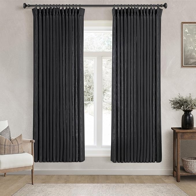 Pinch Pleated Black Linen Curtains 72 inches Long for Living Room 2 Panel Set Light Fitering Semi Sheer Black Window Curtain Pinch Pleate with Hooks Rustic Farmhouse Bedroom Drapes Length 72"