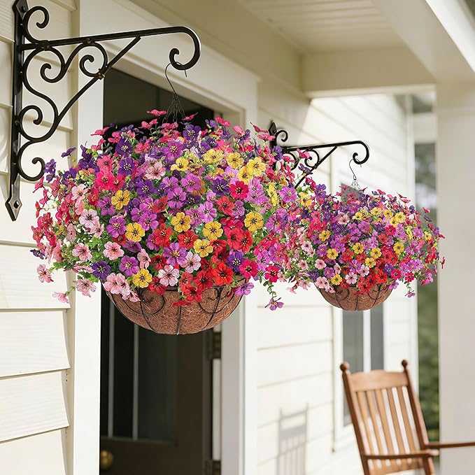 HyeFlora 2 Set Artificial Outdoor Flowers Hanging Basket, Faux Hanging Plants for Outside Spring Decoration, Fake Silk UV Resistant Look Real Daisy for Porch Patio Home Decor