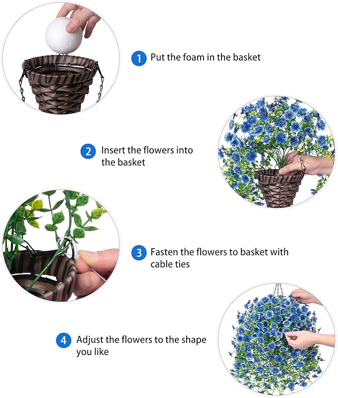 HyeFlora Artificial Hanging Flowers Basket for Outdoor, Fake Flowers Faux Plants Look Real for Yard Gardens Porch Patio Home (Blue)