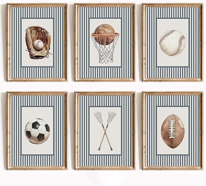 Sports Wall Art Decor Toddler Boys Room Canvas Prints Vintage Sports Nursery Wall Decor Baby Kids Poster Football Baseball Pictures Basketball Soccer Artwork for Children Bedroom 12x16x6 Inch Unframed