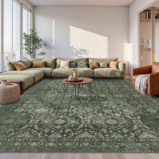 Rugxara 10x14 Area Rugs for Living Room Bedroom, Large Washable Rug, Green Vintage Floral Boho Rug, Non Slip & Low Pile Faux Wool Thin Carpet for Indoor Dining Room and Kids Room(Green 10x14ft)