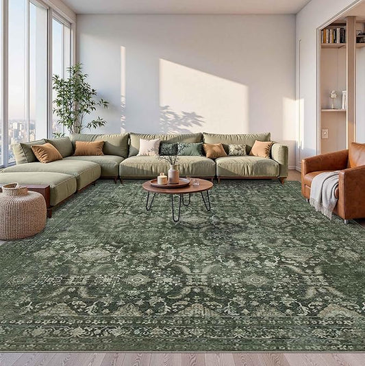 Rugxara 10x14 Area Rugs for Living Room Bedroom, Large Washable Rug, Green Vintage Floral Boho Rug, Non Slip & Low Pile Faux Wool Thin Carpet for Indoor Dining Room and Kids Room(Green 10x14ft)