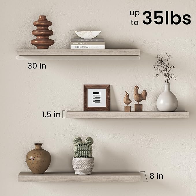 Fun Memories 30 Inch Floating Shelves for Wall, 8 Inch Deep Rustic Wood Wall Mounted Shelves with Invisible Brackets for Bathroom, Bedroom, Kitchen & Living Room Storage Decor, Grey, 2 Pack